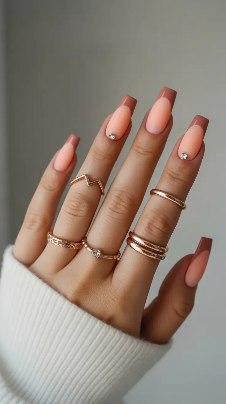 graduation nails ideas 2026 Soft Peach French With Minimal Gems For Polished Graduation Style