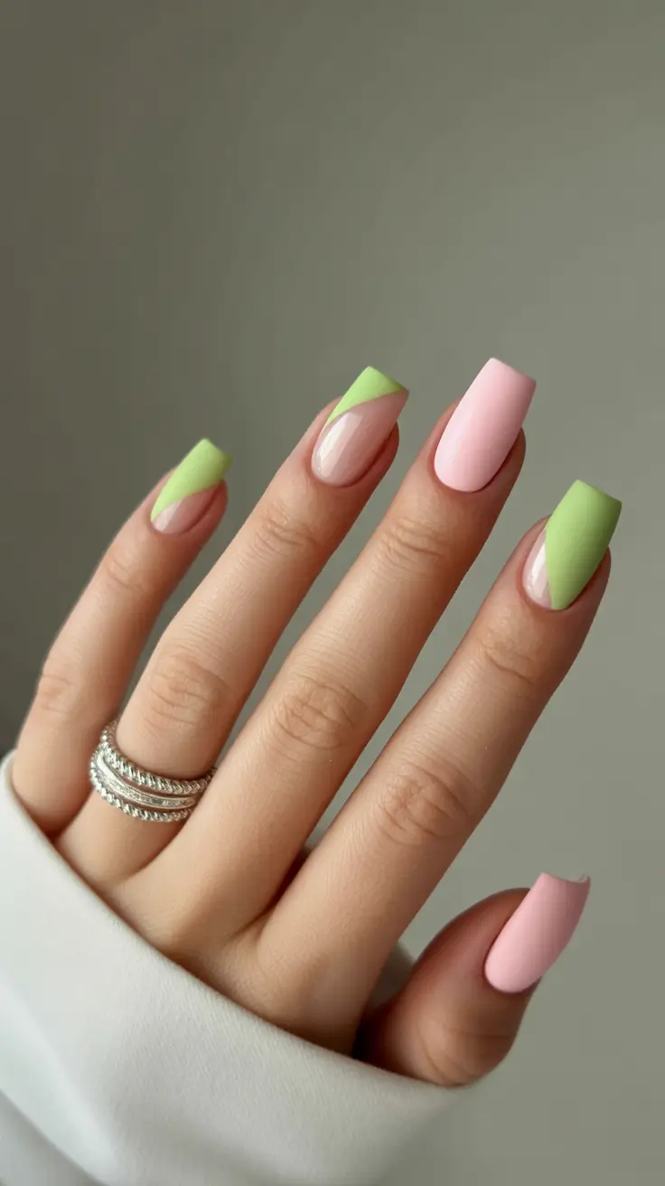 graduation nails ideas 2026 Fresh Green And Pink Color Block Nails For A Playful Graduation Mood