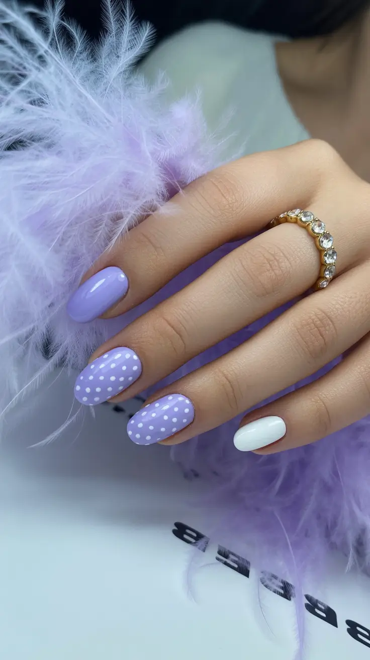 graduation nails ideas 2026 Lavender Polka Dot Nails For A Soft And Cute Graduation Moment
