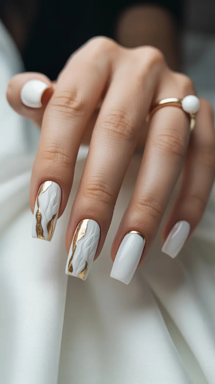 graduation nails ideas 2026 Modern White And Gold Texture Nails For A Classy Graduation Moment