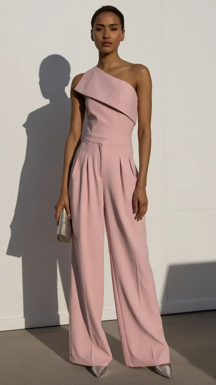 graduation outfit ideas for guest ideas 2026 Blush One Shoulder Jumpsuit That Feels Modern And Summer Classy