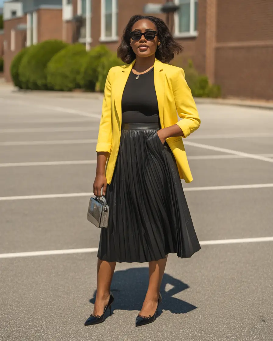 graduation outfit ideas for guest ideas 2026 Yellow Blazer And Pleated Skirt That Feels Bright And Summer Casual