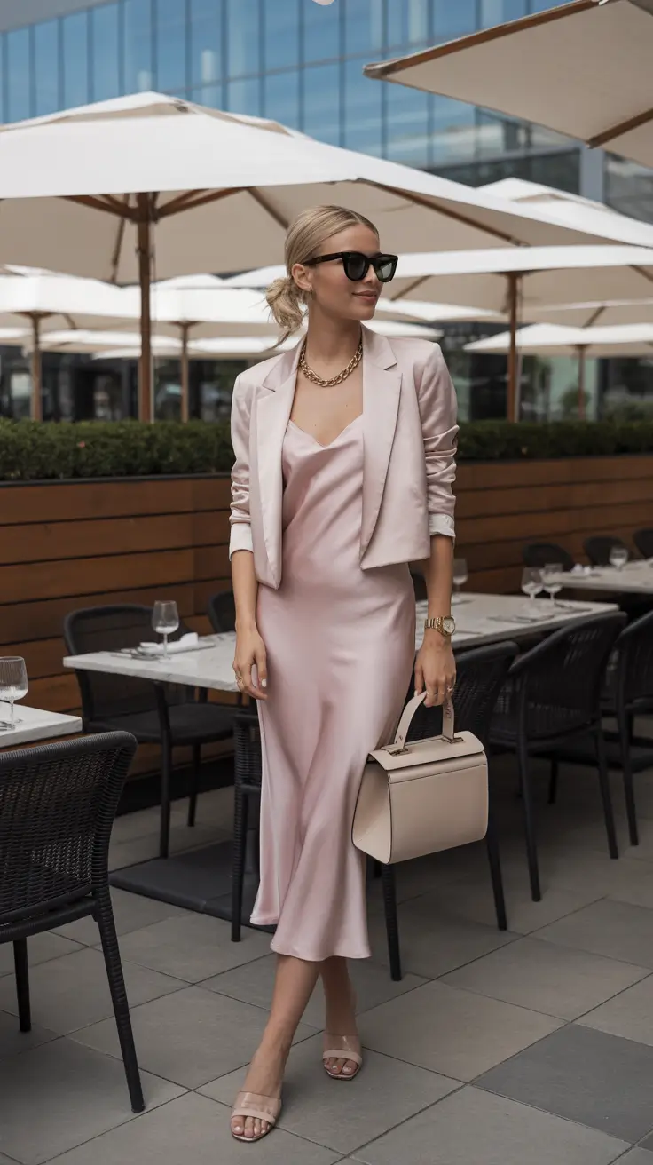 graduation outfit ideas for guest ideas 2026 Soft Satin Slip Dress With Blazer That Feels Effortlessly Casual Classy