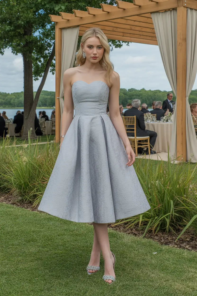 graduation outfit ideas for guest ideas 2026 Strapless Silver Dress That Feels Celebratory And Summer Classy