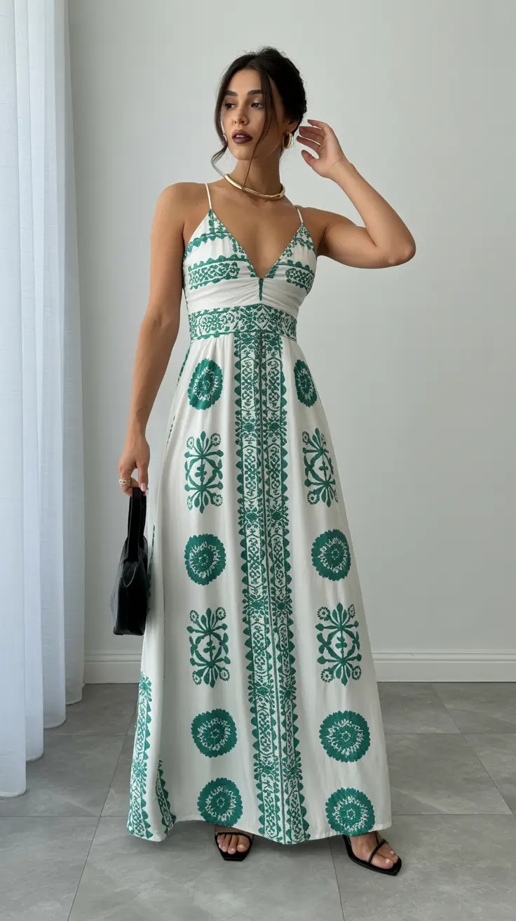 graduation outfit ideas for guest ideas 2026 Bohemian Green And White Maxi Dress For Warm Graduation Ceremonies