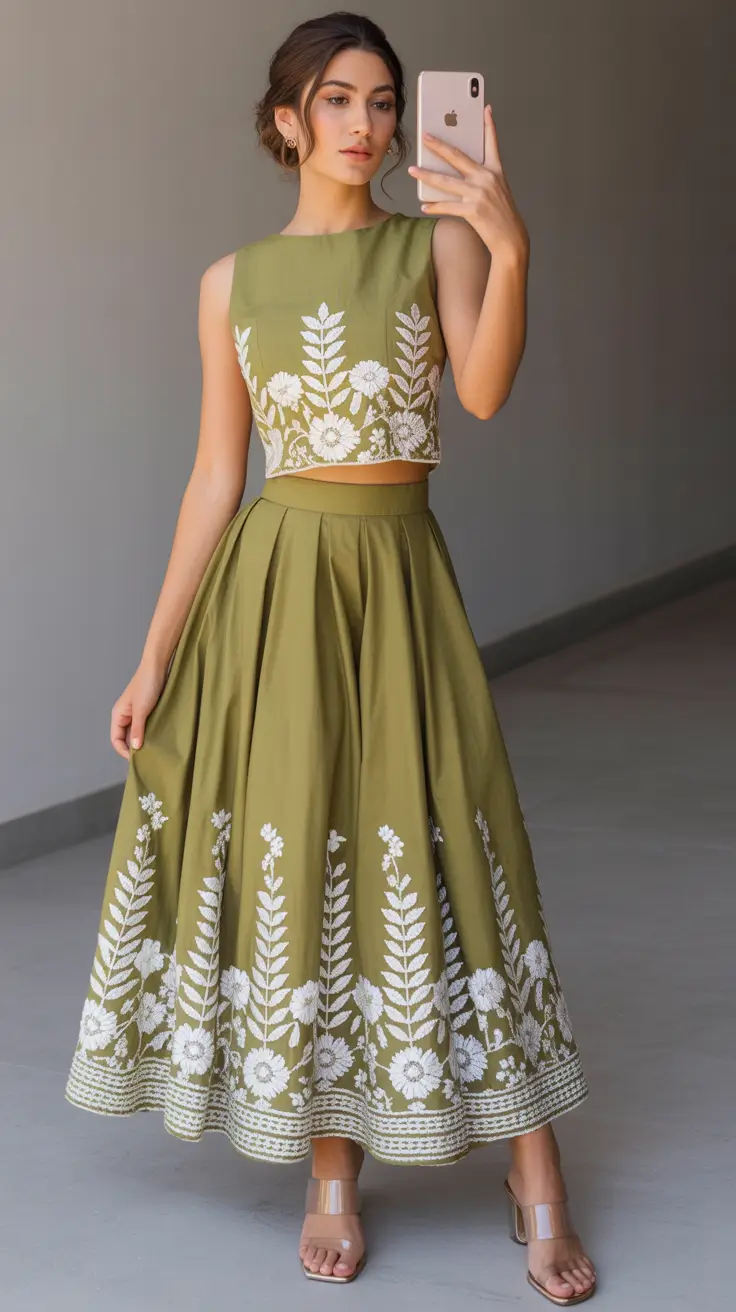 graduation outfit ideas for guest ideas 2026 Olive Embroidered Midi Set That Feels Elegant And Unique