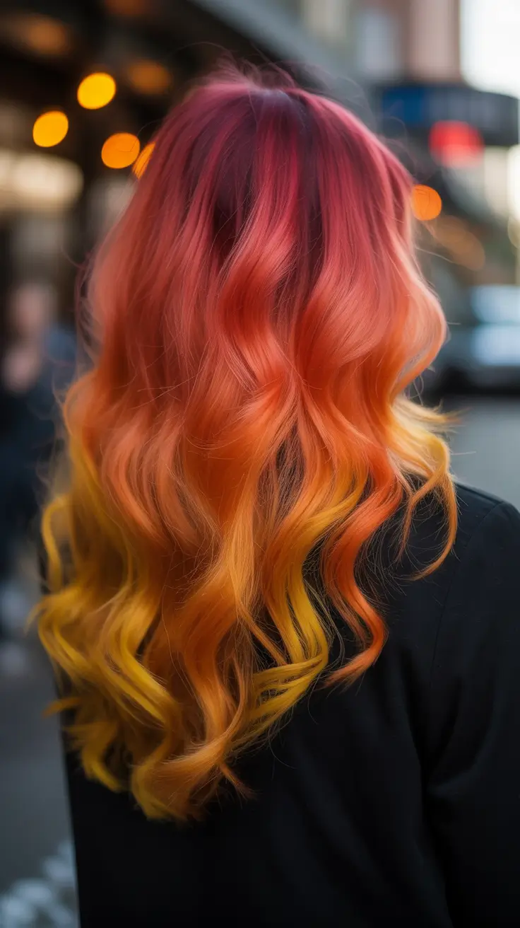 May Hair Color Ideas 2026 Sunset Melt with Fiery Red to Golden Ginger Ends