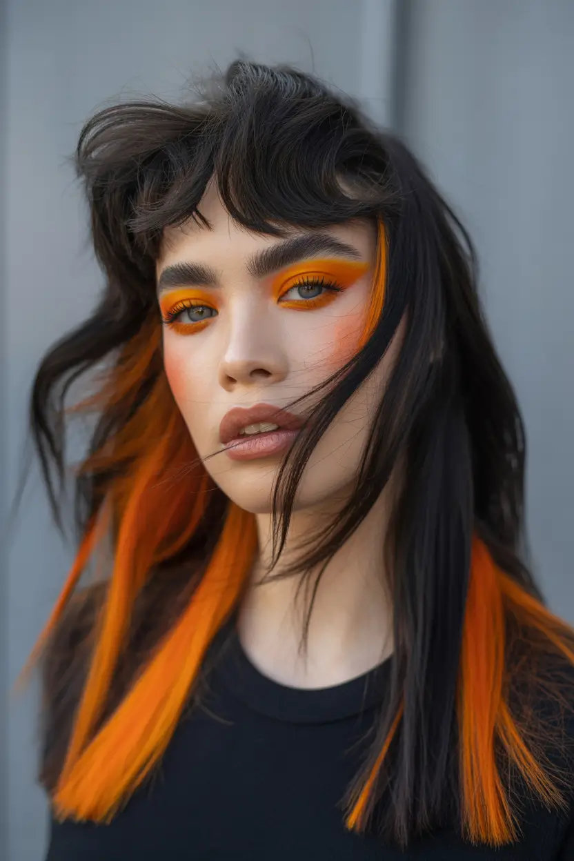 May Hair Color Ideas 2026 Black Base with Electric Orange Statement Panels