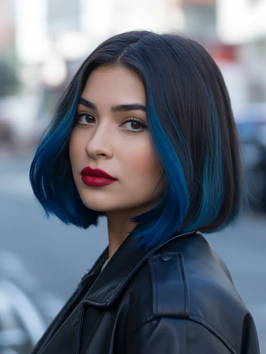 May Hair Color Ideas 2026 Midnight Bob with Deep Blue Face Frame