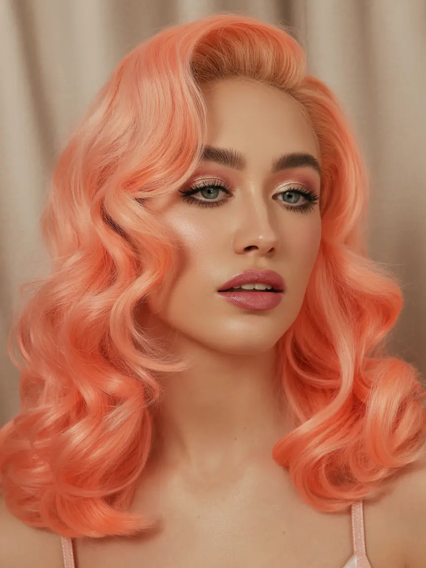 May Hair Color Ideas 2026 Peachy Coral Glam Waves with Vintage Energy