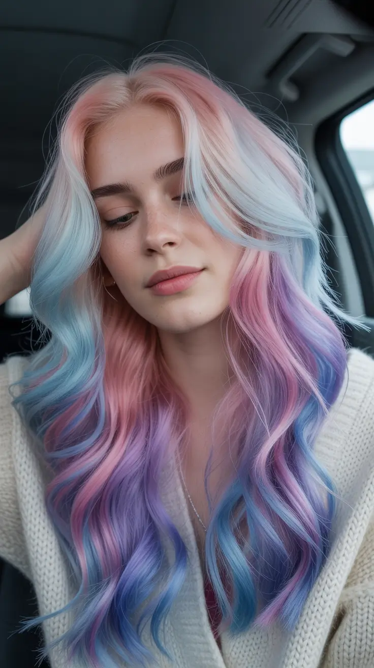 May Hair Color Ideas 2026 Pastel Calico Blend with Soft Blue and Pink Flow