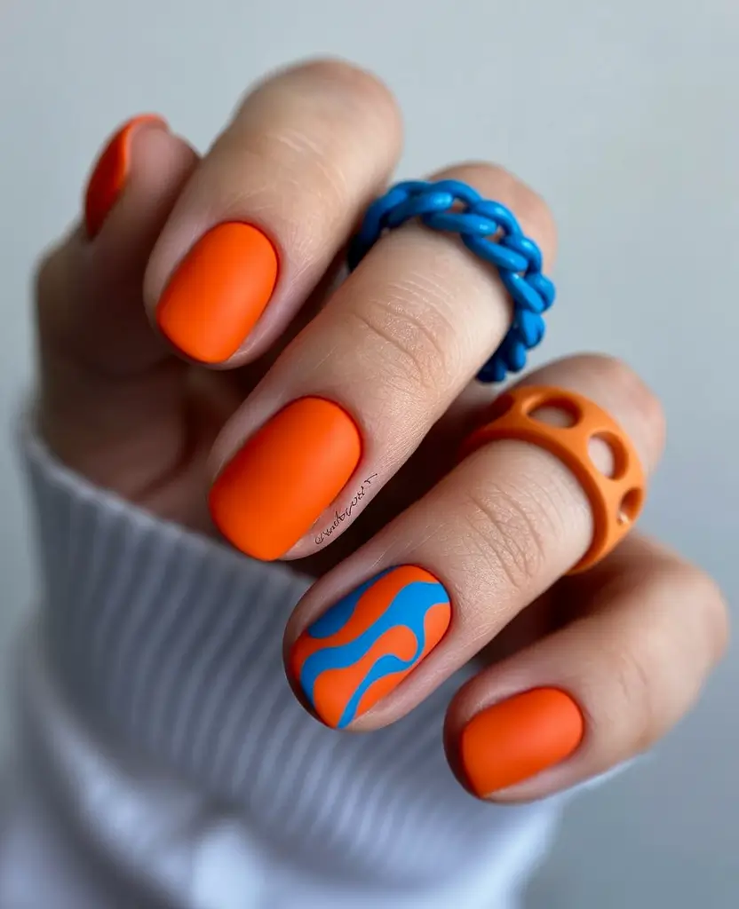May Nails Ideas 2026 Electric Tangerine With Graphic Waves