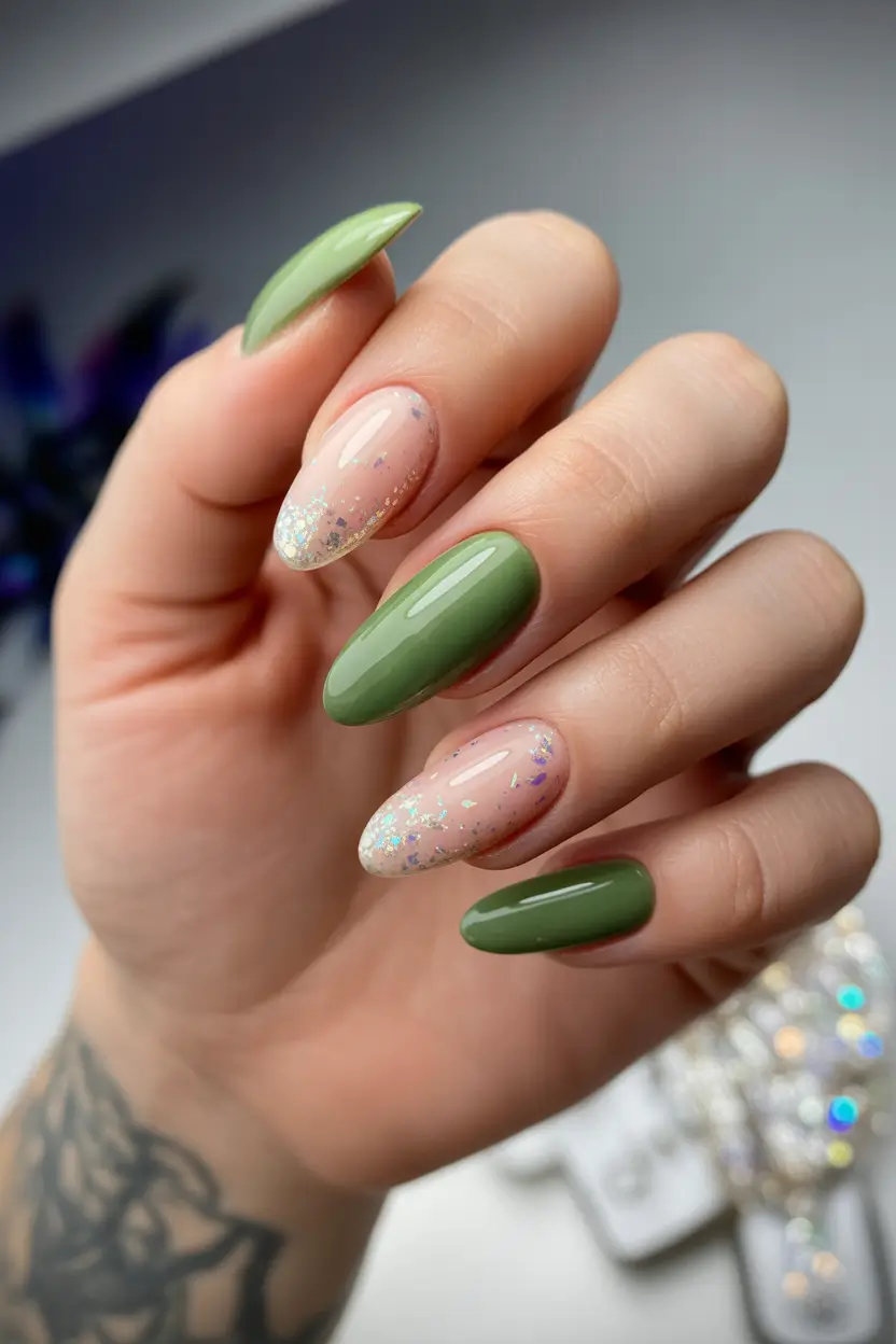 May Nails Ideas 2026 Green Almond Nails With Glitter