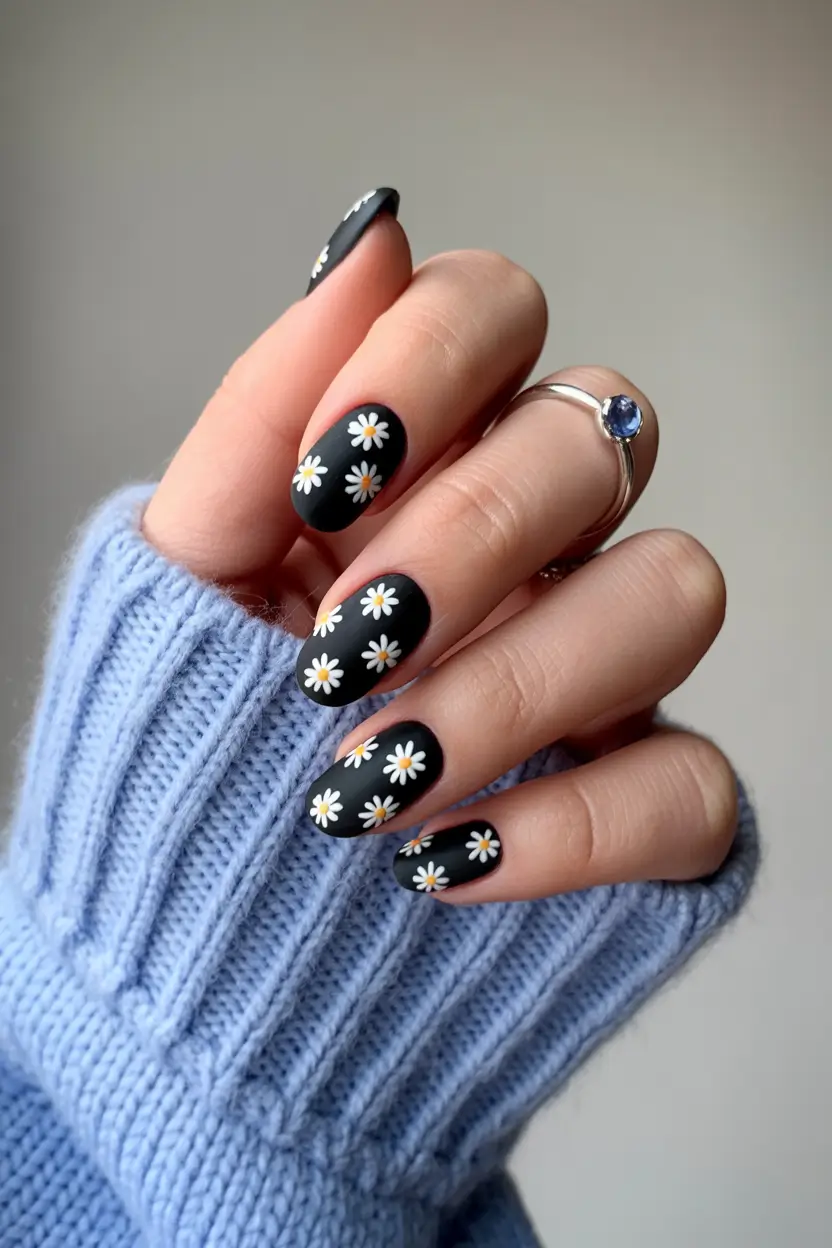May Nails Ideas 2026 Matte Black Daisy Nails
