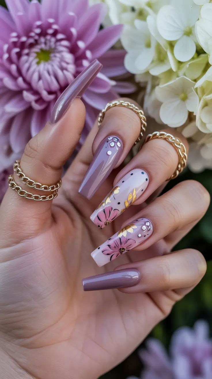 May Nails Ideas 2026 Mauve Floral Almond Nails