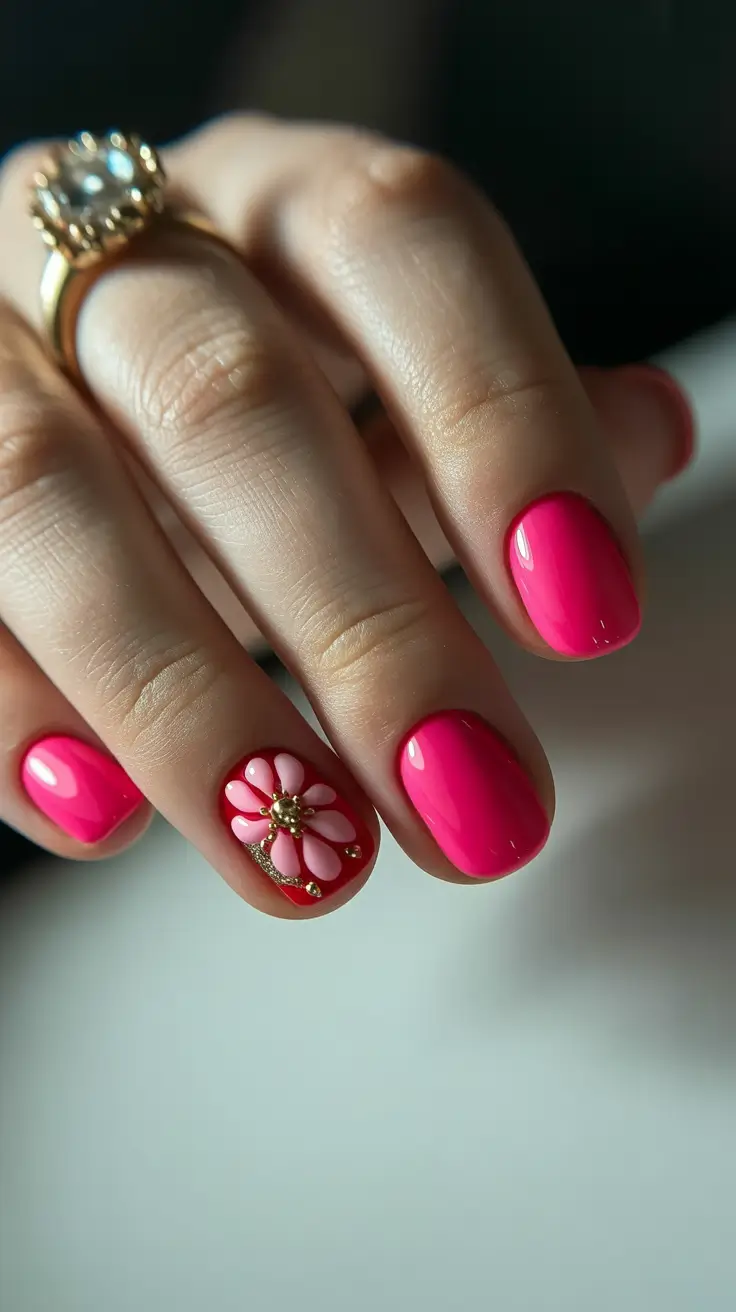 May Nails Ideas 2026 Bright Pink Floral Nails