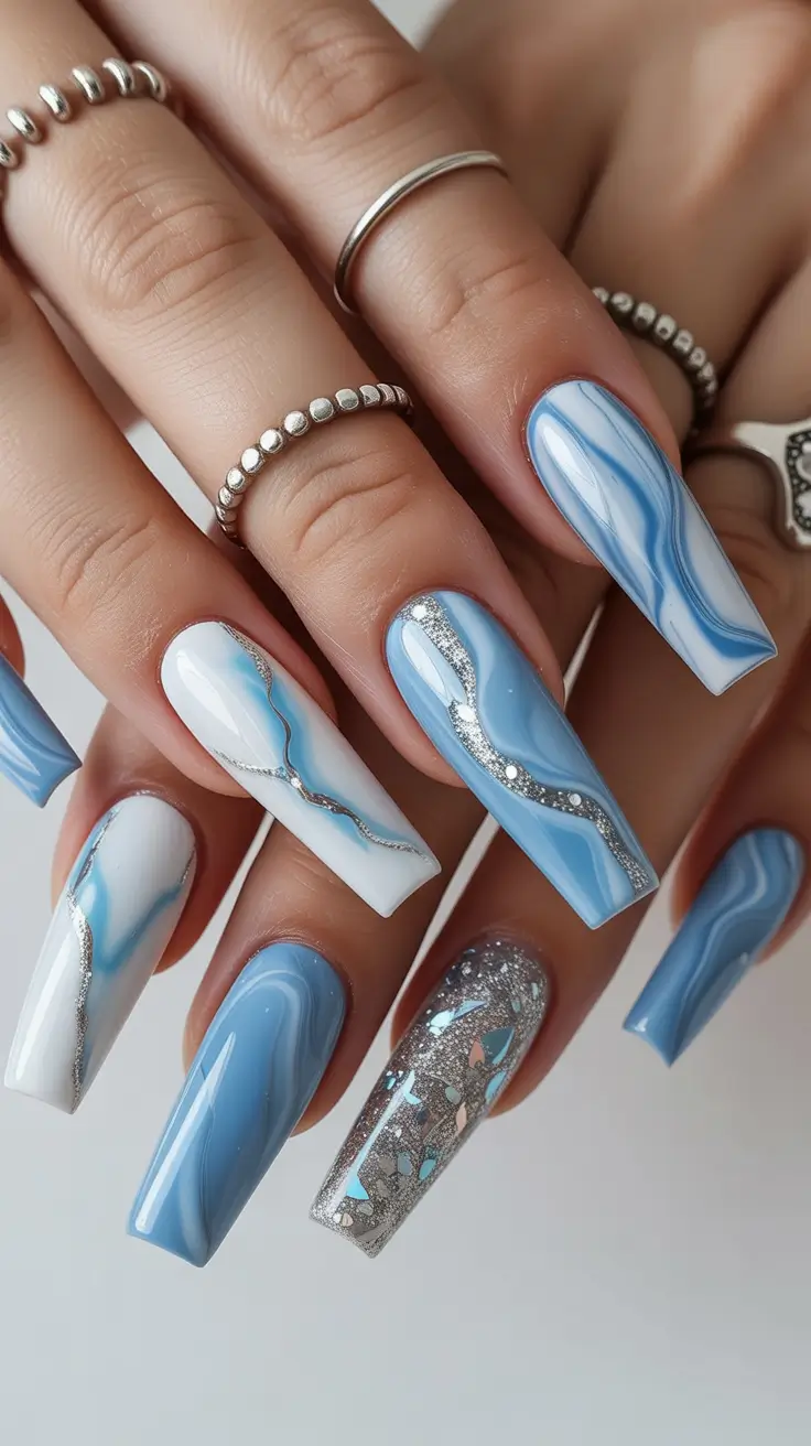 May Nails Ideas 2026 Blue Marble Silver Square Nails