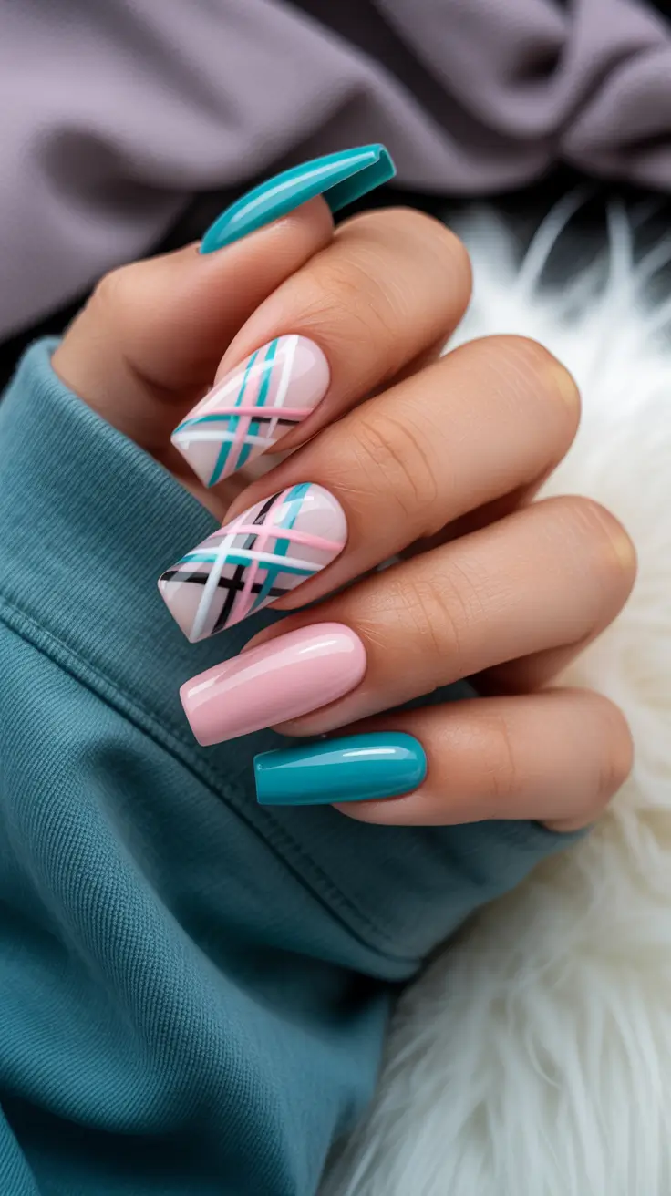 May Nails Ideas 2026 Pink Teal Plaid Square Nails