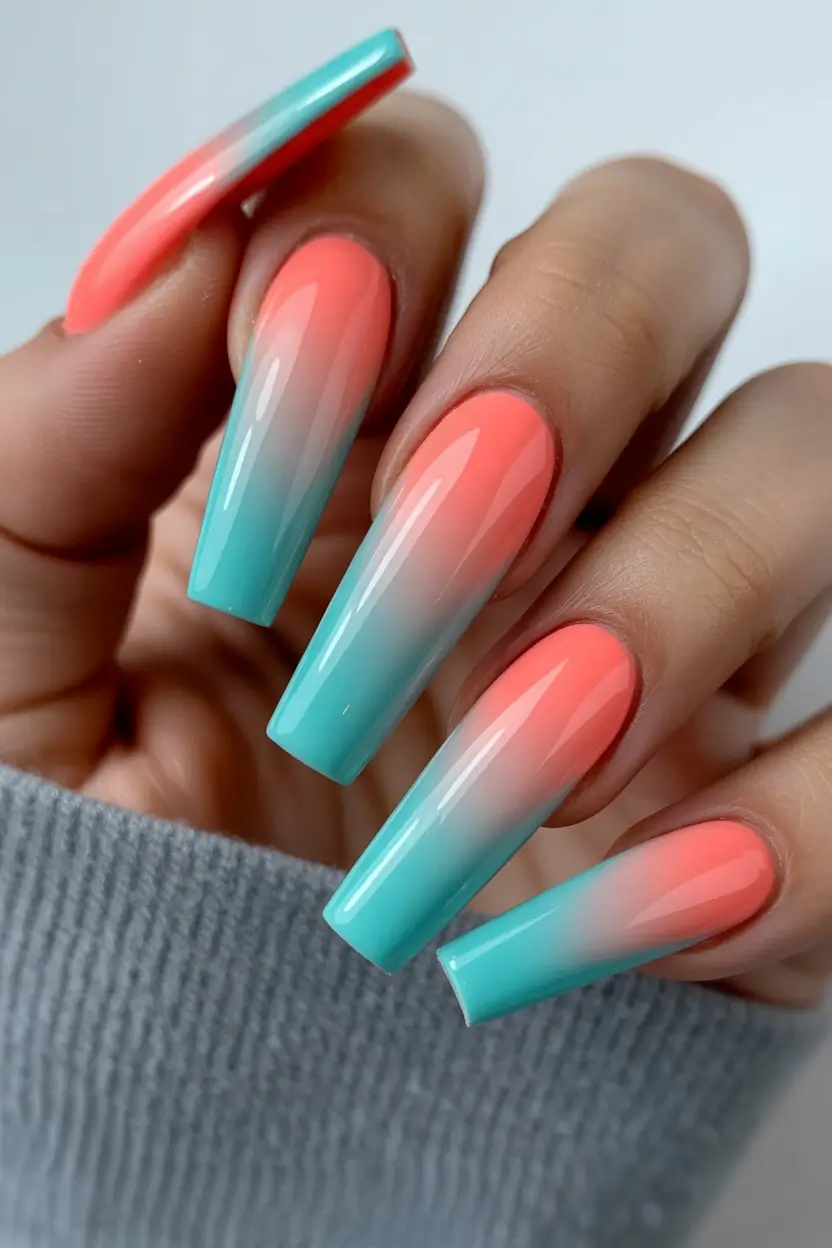 May Nails Ideas 2026 Coral Aqua Ombre Almond Nails