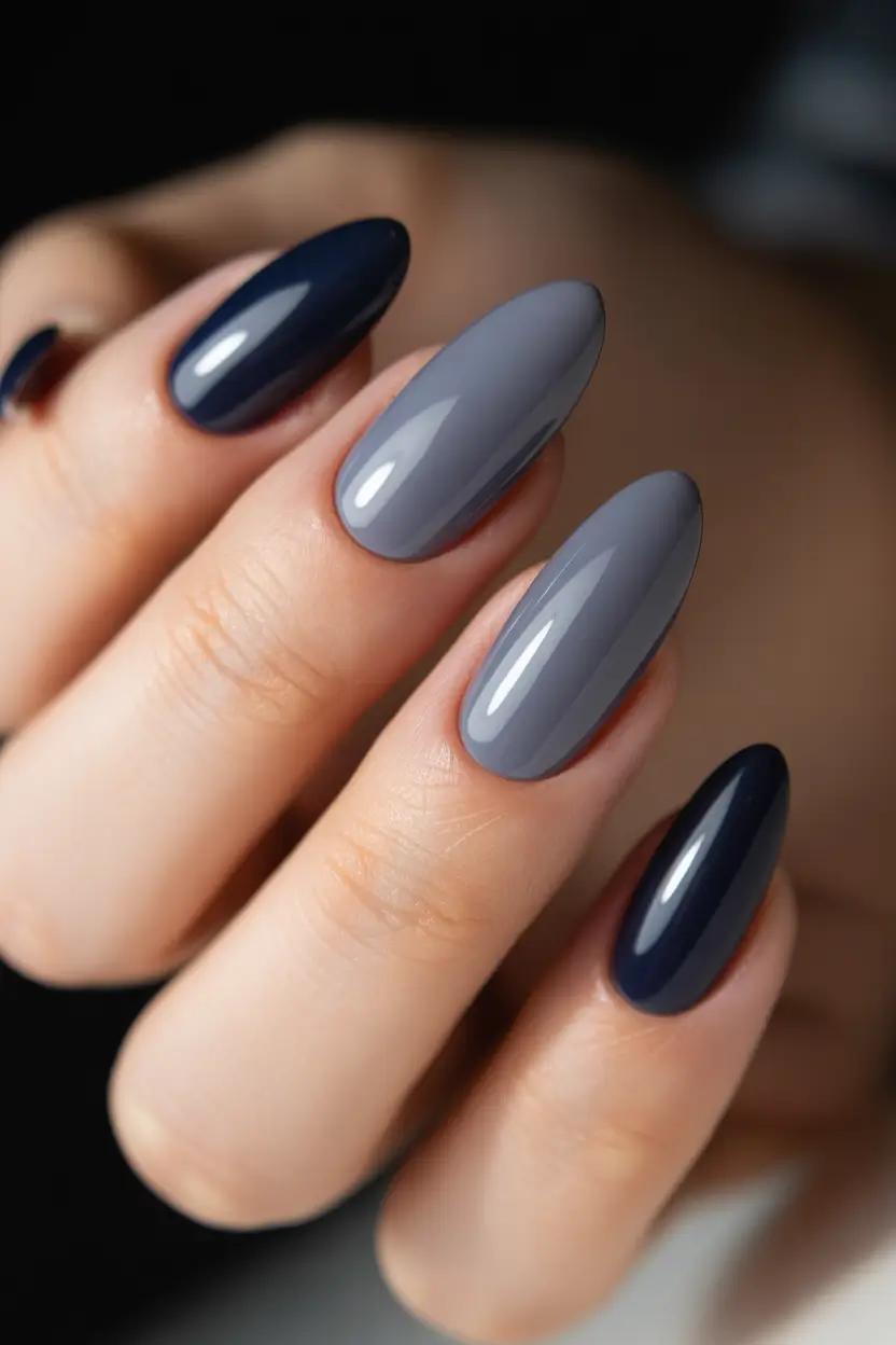 May Nails Ideas 2026 Grey Navy Almond Nails
