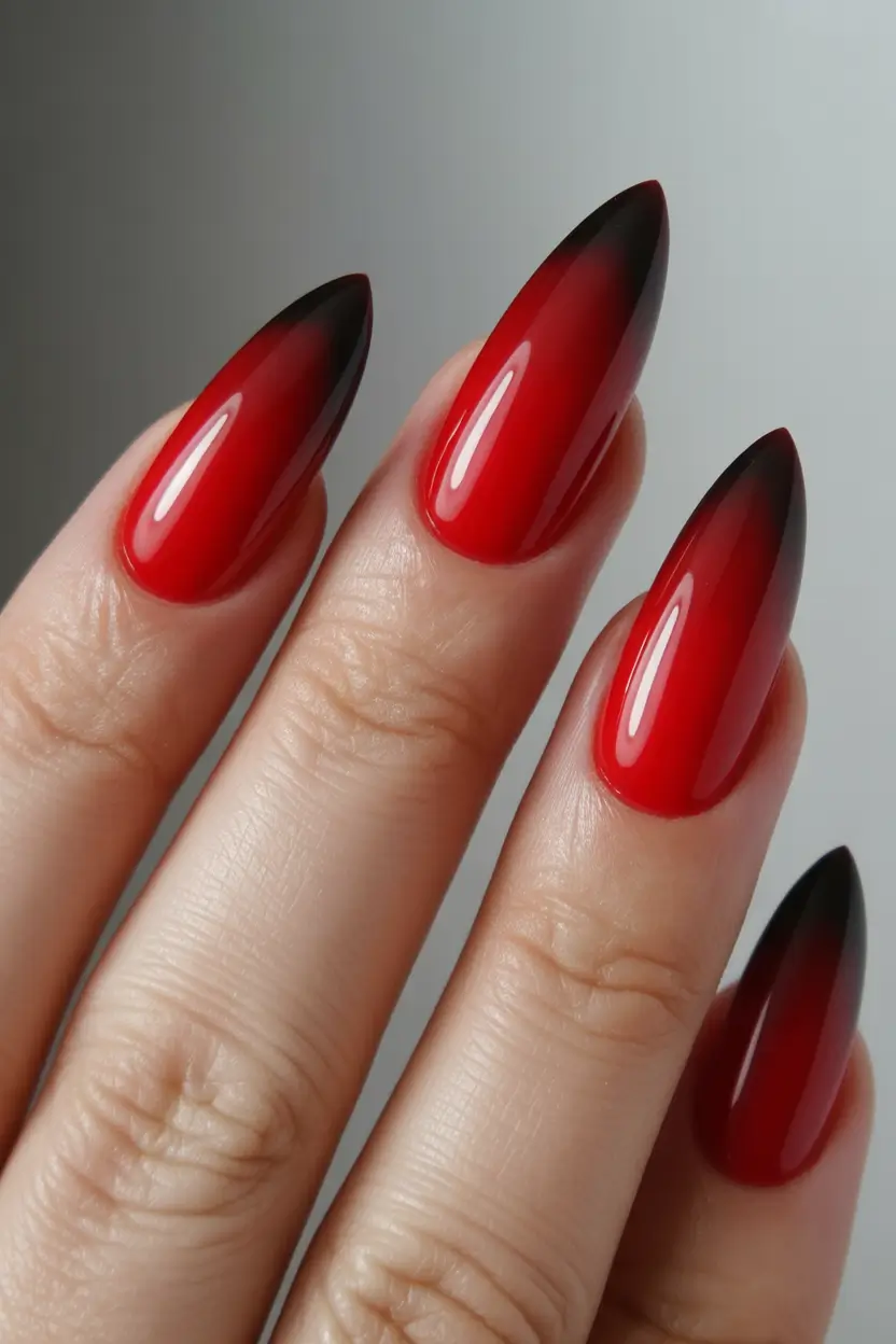May Nails Ideas 2026 Red Black Ombre Almond Nails