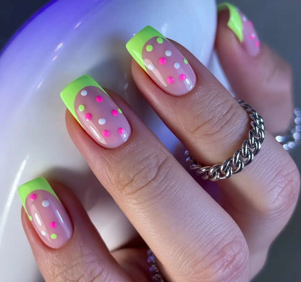 May Nails Ideas 2026 Neon French Polka Dot Nails