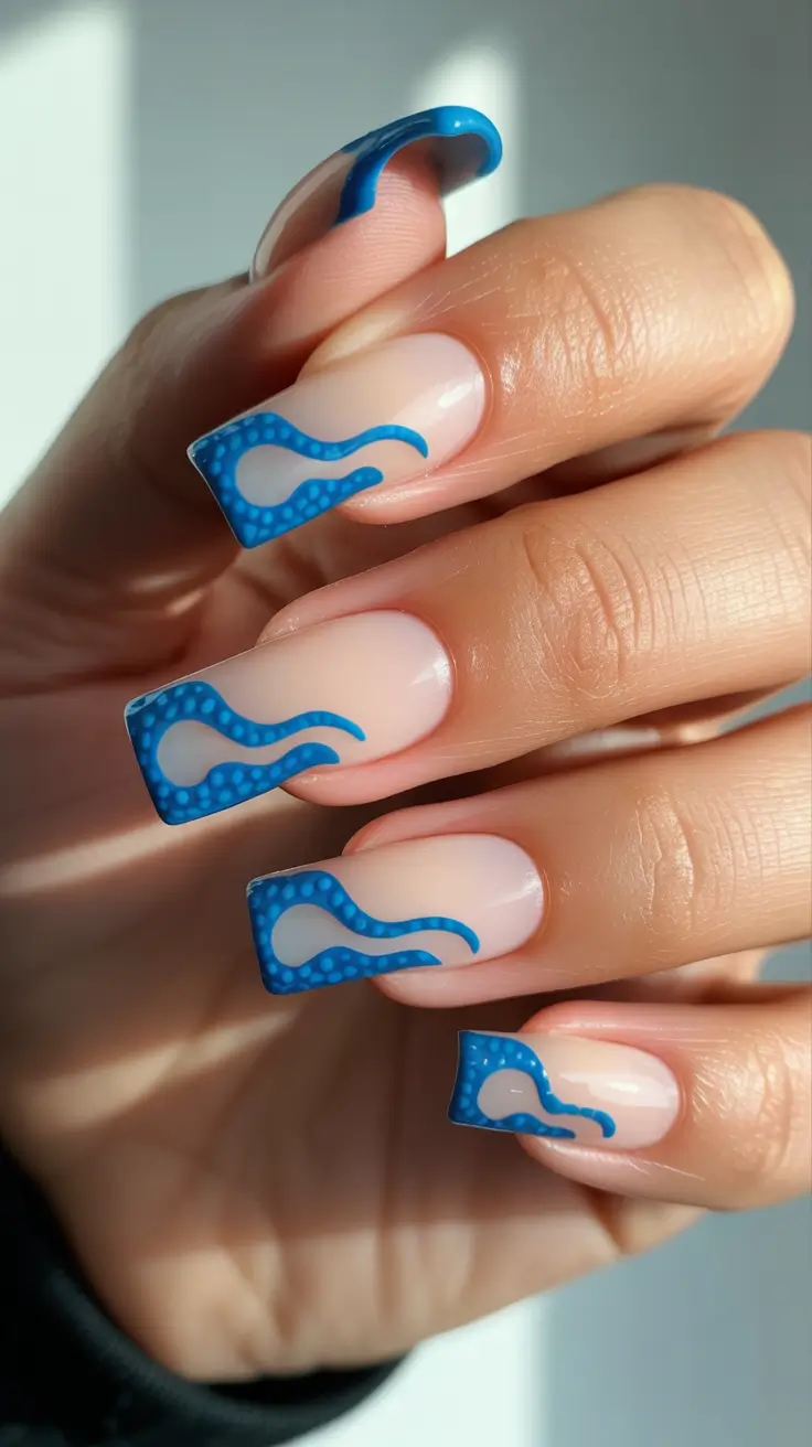 May Nails Ideas 2026 Blue Graphic French Square Nails