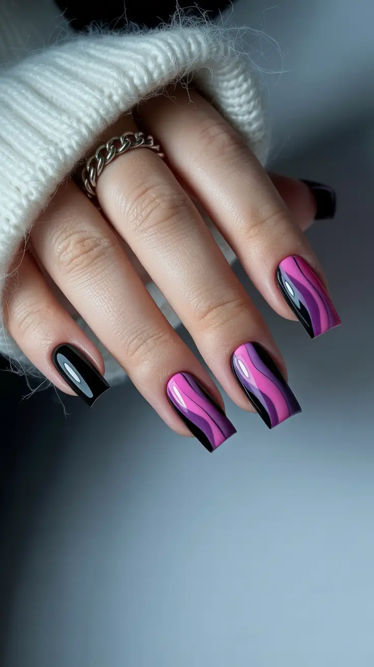 May Nails Ideas 2026 Black And Magenta Wave Designs