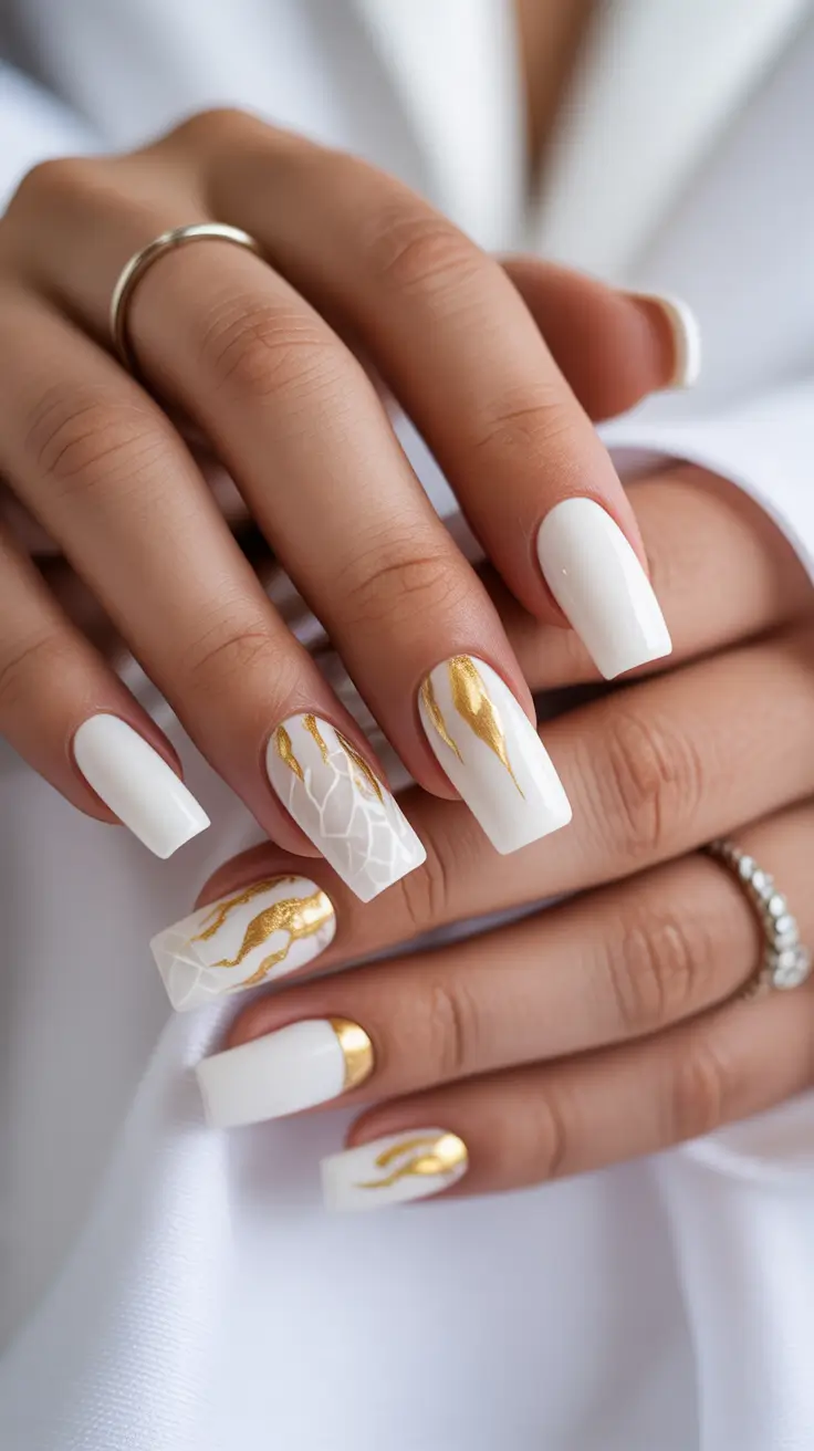 May Nails Ideas 2026 White And Gold Marble Nails