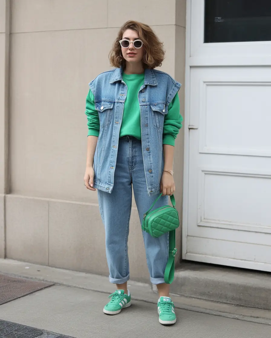 23 May outfits ideas 2026 Denim Layers with a Pop of Green