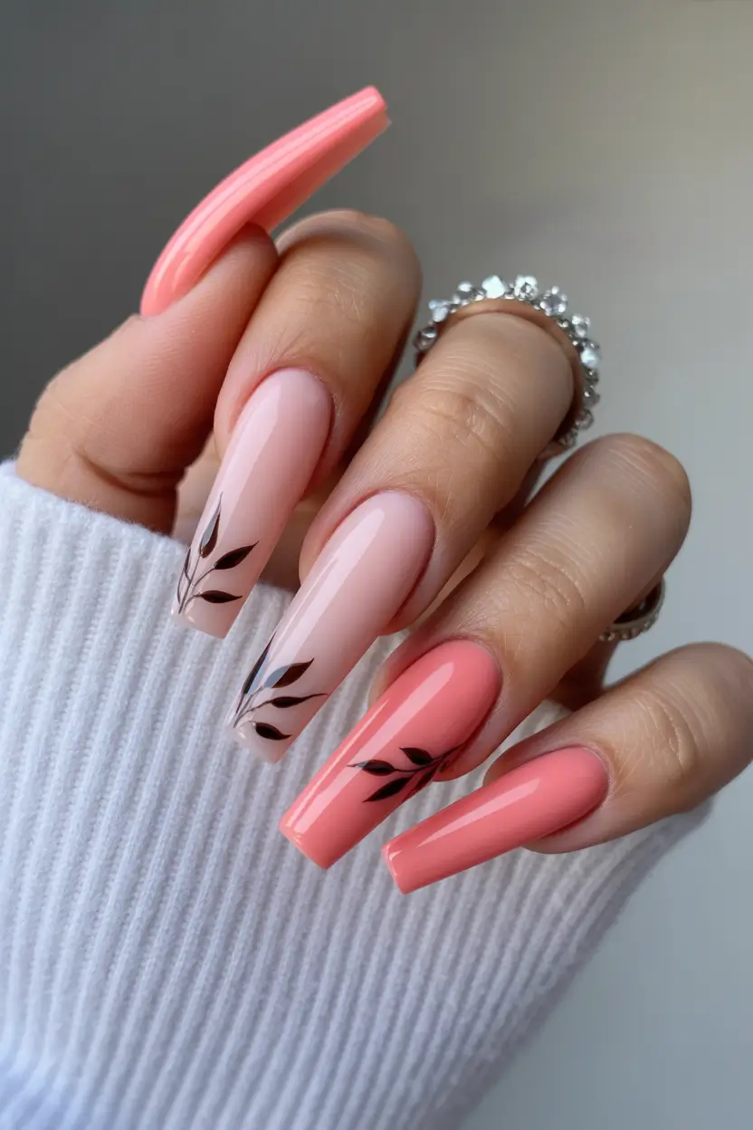 23 pretty spring ballerina nails 2026 Coral Pink Botanical Ballerina Nails