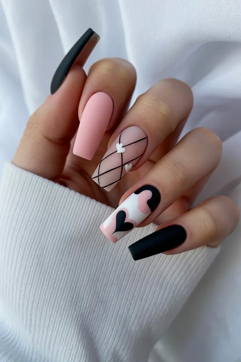 23 pretty spring ballerina nails 2026 Soft Pink and Black Graphic Heart Nails