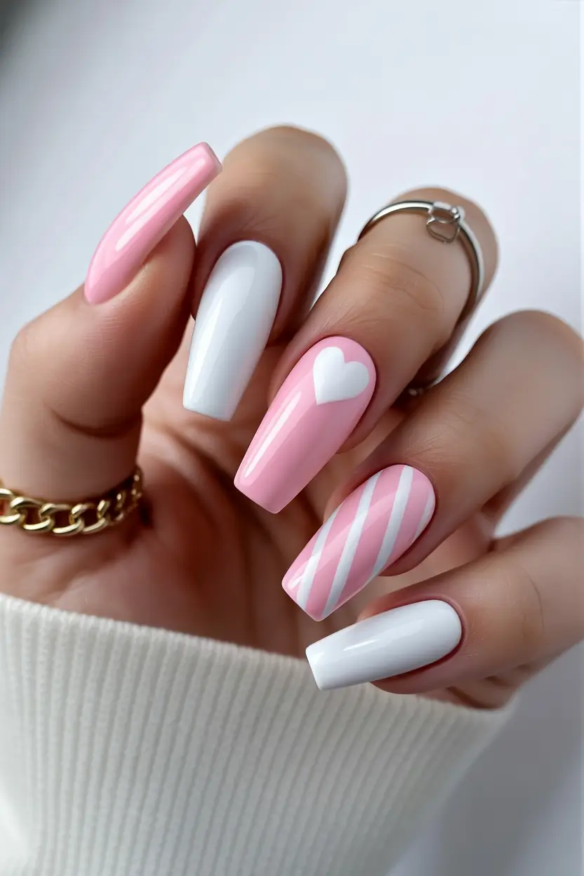 23 pretty spring ballerina nails 2026 Sweet Pink and White Candy Stripe Ballerina Nails