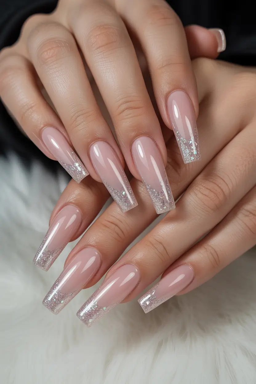 23 pretty spring ballerina nails 2026 Minimal Nude Glitter French Ballerina Nails