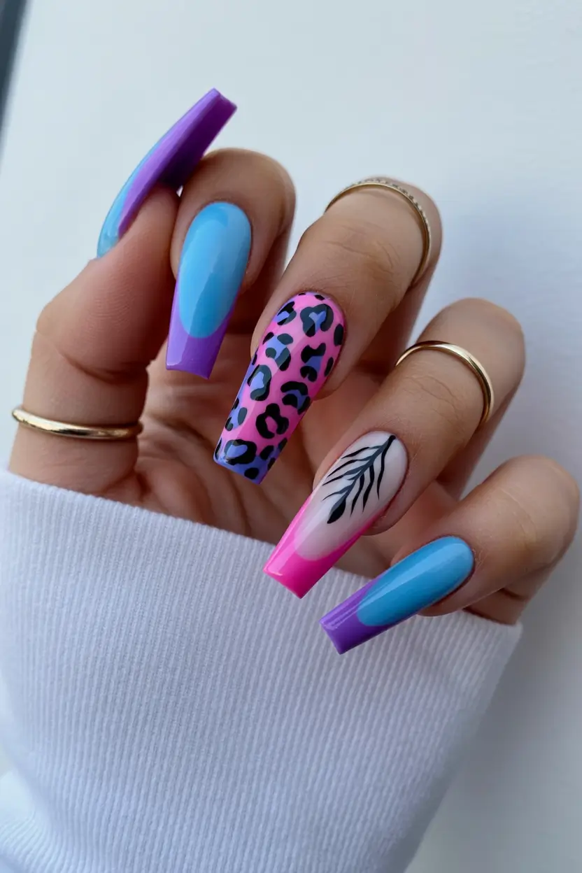 23 pretty spring ballerina nails 2026 Bold Color Mix with Leopard Accent Ballerina Nails