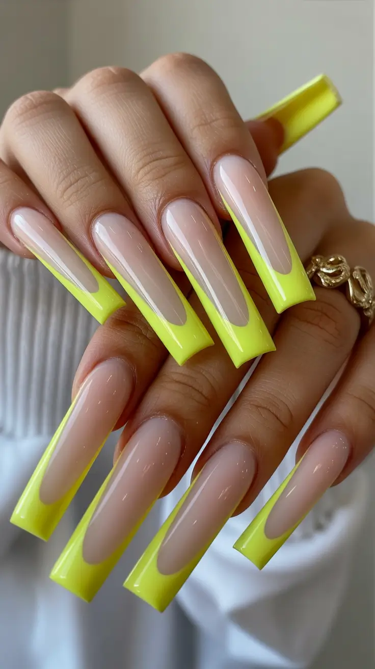 23 pretty spring ballerina nails 2026 Neon Yellow French Ballerina Nails