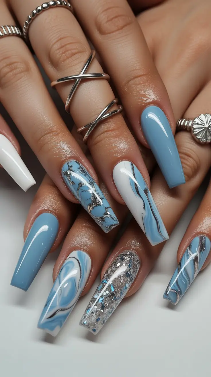 23 pretty spring ballerina nails 2026 Blue Marble Ballerina Nails with Metallic Accents