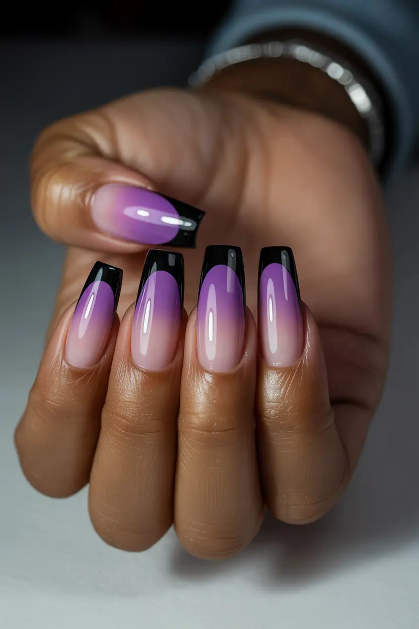 23 pretty spring ballerina nails 2026 Purple Ombre Black Tip Ballerina Nails