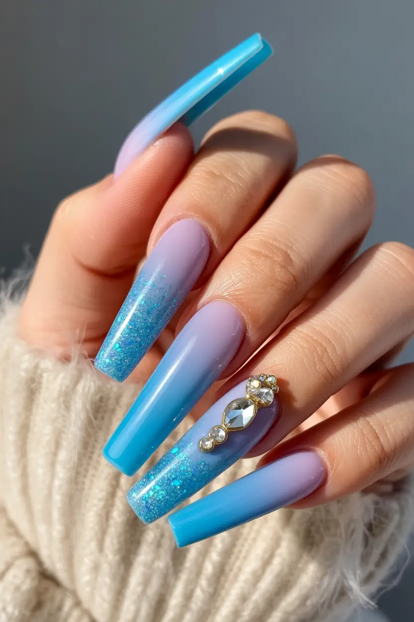 23 pretty spring ballerina nails 2026 Blue Ombre Crystal Accent Ballerina Nails