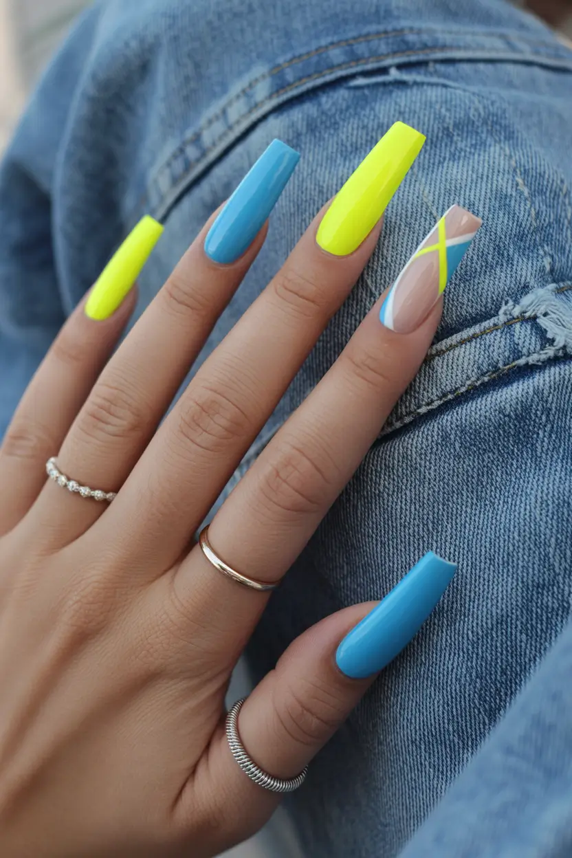 23 pretty spring ballerina nails 2026 Neon Spring Contrast with Graphic Lines