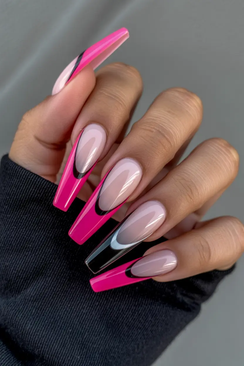 23 pretty spring ballerina nails 2026 Hot Pink Graphic French Ballerina Nails