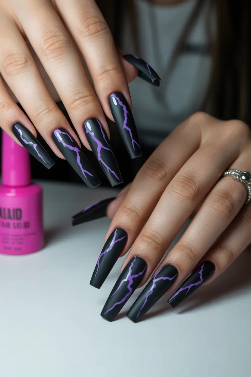 23 pretty spring ballerina nails 2026 Matte Black Lightning Nails with Electric Purple Details