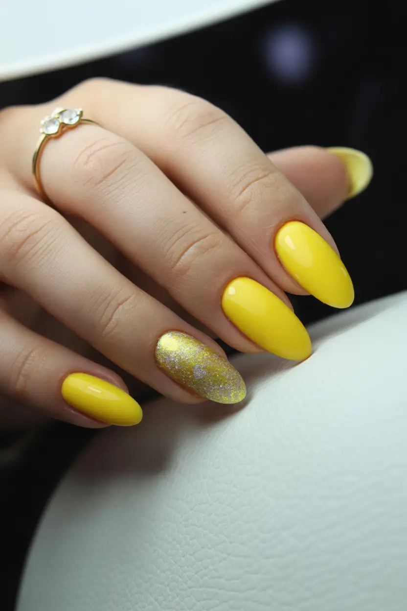 spring oval nails Bright Yellow Spring Oval Nails with Glitter Accent