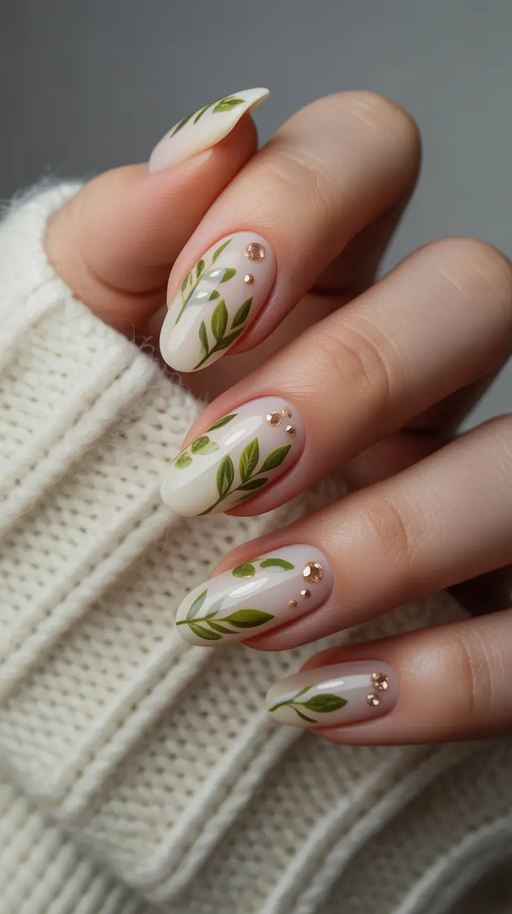 spring oval nails Botanical Green Leaf Nail Art for Elegant Spring Ideas