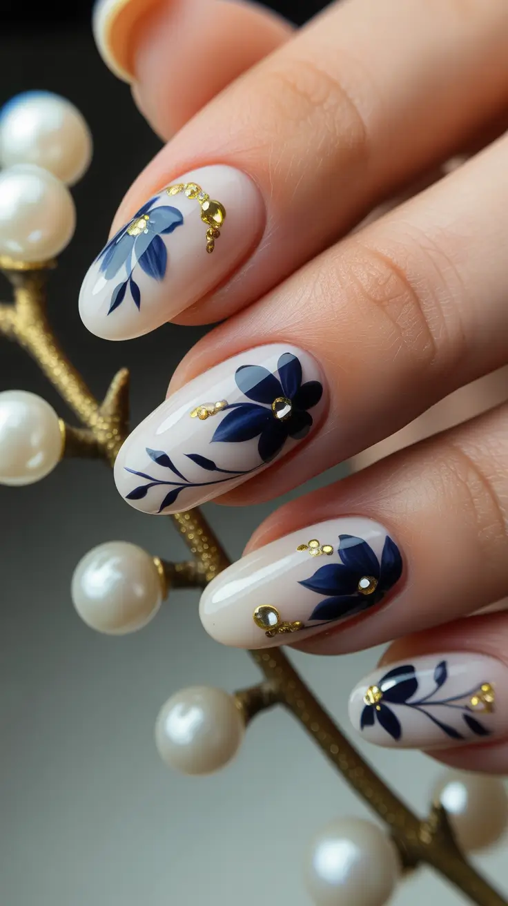spring oval nails Blue Floral Elegance with Gold Details
