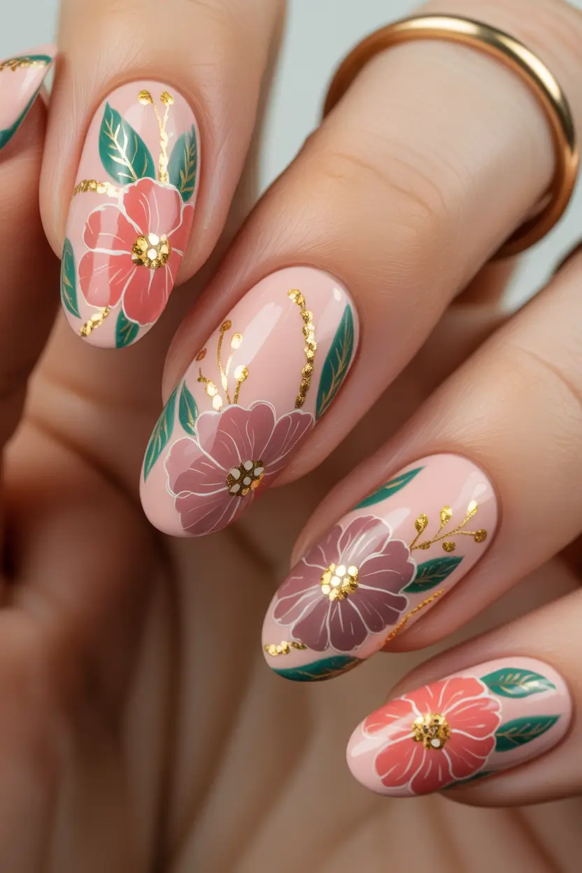spring oval nails Romantic Pink Floral Nails with Gold Accents