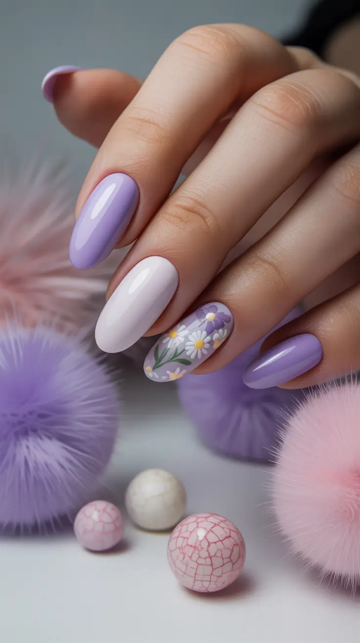 spring oval nails Soft Lilac Garden Nails with Floral Accent