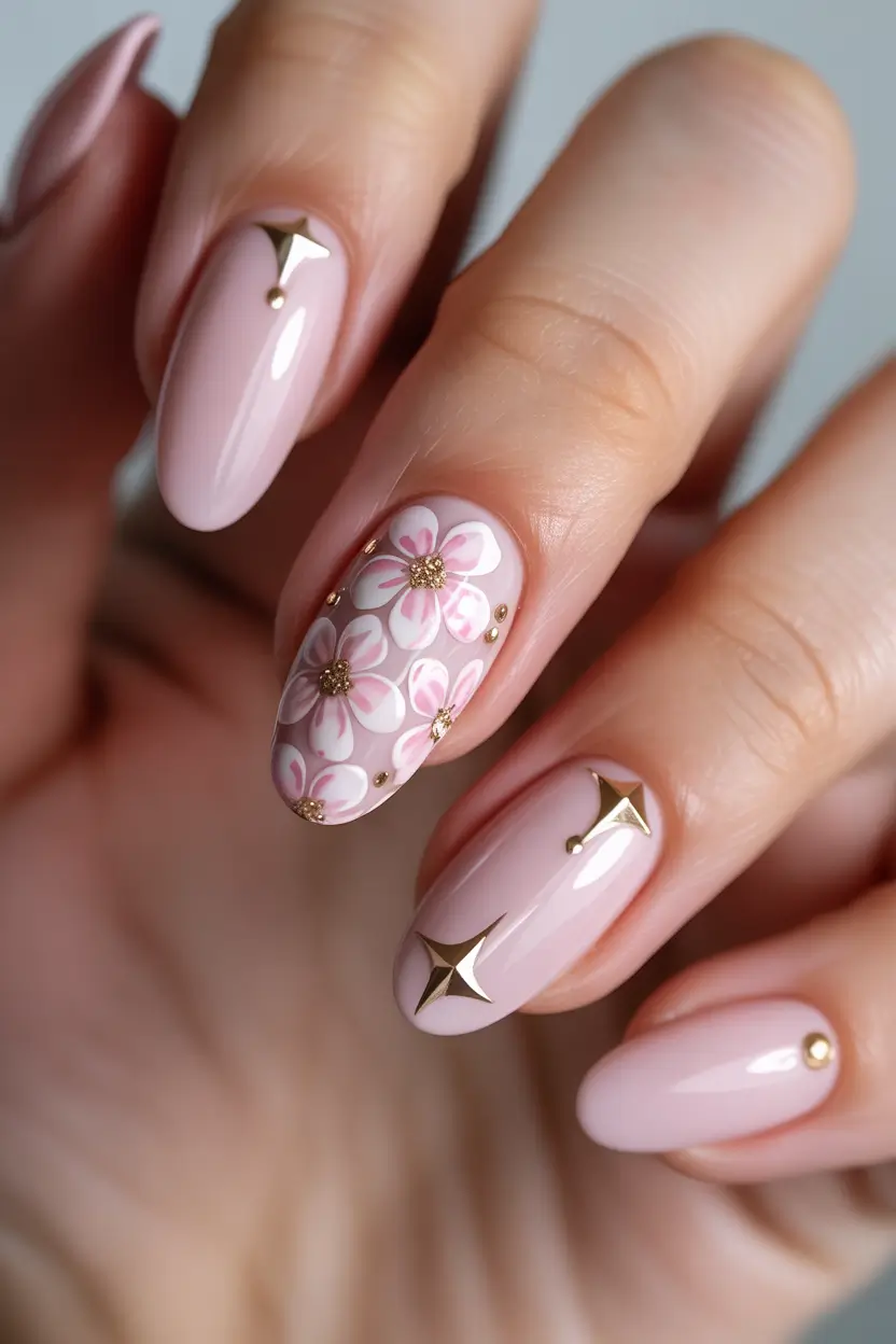 spring oval nails Blush Pink Floral Elegance with Gold Accents
