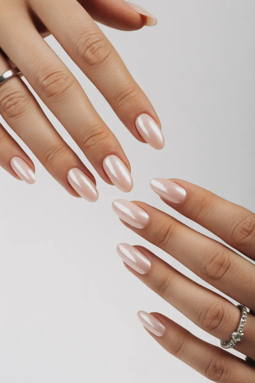 spring oval nails Pearlescent Nude Glow for Elegant Spring Oval Nails