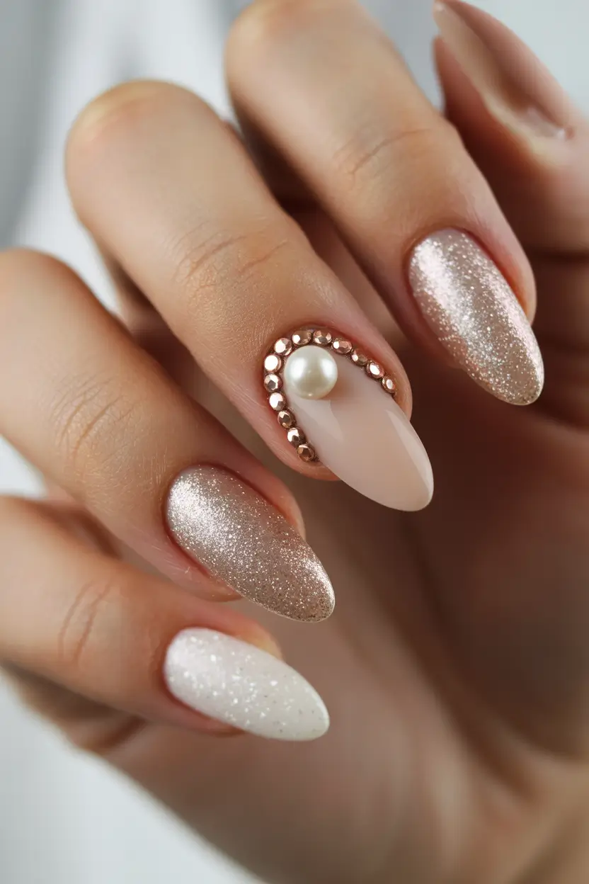 spring oval nails Champagne Glitter and Pearl Accent for Elegant Oval Nails